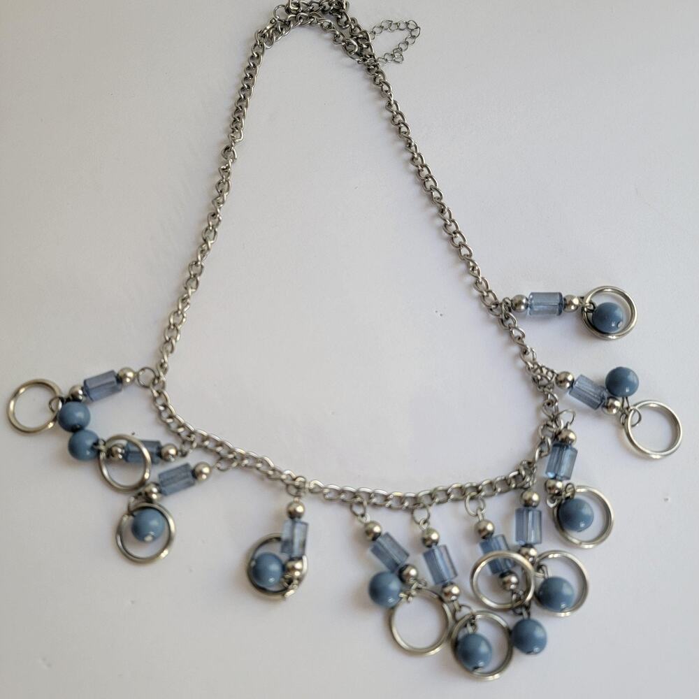 Blue Glass Beaded Charm Necklace Dangle Rings Silver Tone Lobster 16 In Jewelry